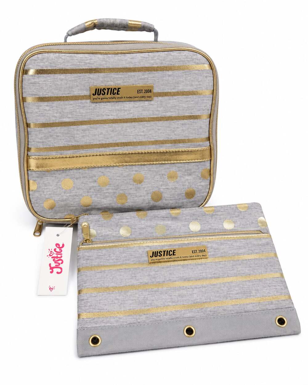 Justice Girls Grey and Gold Foil Stripe and Polka Dot Lunch Box and Pencil Case
